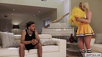 Busty petite stepmom puts on her cheerleader outfit to cheer up her stepson.The big tits milf has another trick and wraps her lips around his big cock